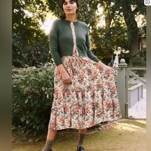 The Great. The Day Dream Tiered Midi-Skirt Pink Rose Garden Cotton Tiered Medium